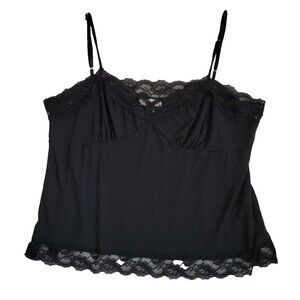 Vintage Camisole Top Women 2XL Black Y2K Babydoll Lace Trim Romantic Made USA